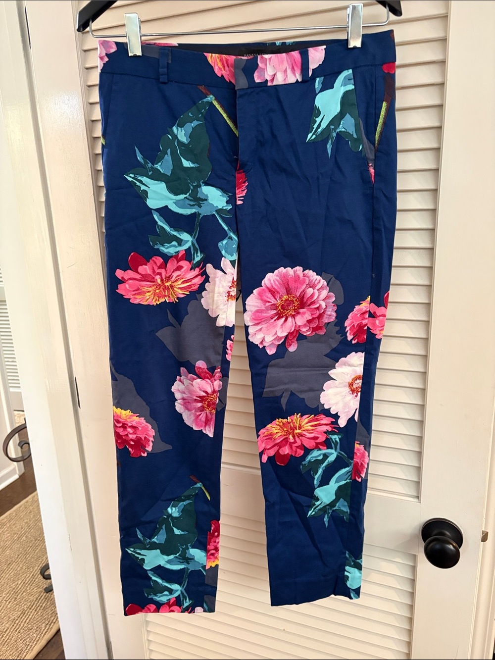 Banana Republic Navy Floral Slim Pants with Pink & Teal Blooms